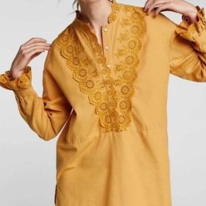 Zara Woman Open Work  Embroidery Eyelet Linen Blend Mustard Yellow Tunic Size M